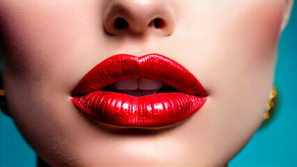 Obraz premium Glamor portrait of lips: Sensuality and beauty in bright red makeup on a pale blue background