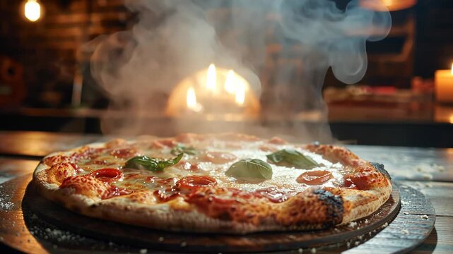 lose up Fresh baked hot Italian Pizza with steam with buffalo mozzarella and basil, tomatoes, pizzeria	
