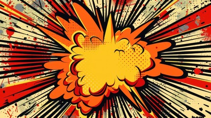 A flat vector illustration of a pop art "boom" effect, featuring a blank center surrounded by a dynamic explosion. The design uses bright yellow and red colors with a halftone pattern to create a
