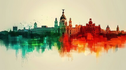 Fototapeta premium Produce a watercolor image featuring the Spanish flag intertwined with the silhouette of Madrid’s skyline, showcasing the Royal Palace and Puerta del Sol, set under a clear blue sky,