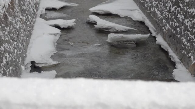 A stream in a canal in winter with ice decorating the edges. Torrential stream control