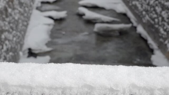 Background out of focus. A stream in a canal in winter with ice decorating the edges. Can be used as background