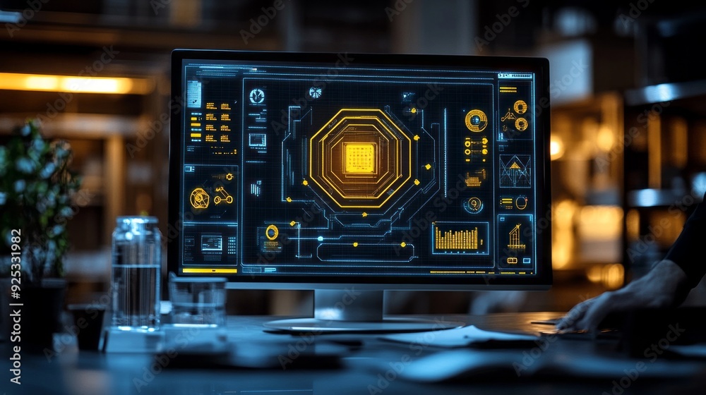 Poster A high-tech workstation displays intricate data analytics and monitoring systems, emphasizing innovation in factory operations as dusk settles outside