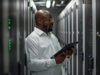Technician monitoring server performance in a data center with blue LED indicators during daylight