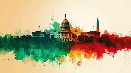 Fototapeta premium Render a watercolor illustration of the American flag as the background, with a silhouette of Washington D.C.’s cityscape, highlighting the Capitol Building and the Washington Monument,