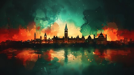 Naklejka premium Render a watercolor illustration of the Canadian flag as the background, with a silhouette of Ottawa’s cityscape, featuring Parliament Hill and the Peace Tower,