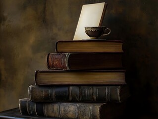 Stack of Vintage Books with a Cup and Blank Book