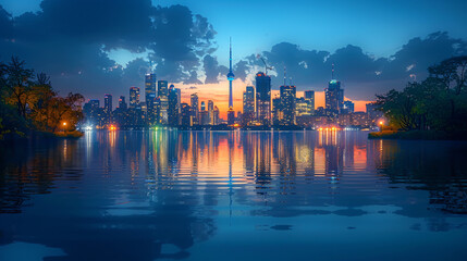 This is a picture of a city at night with a river and many tall buildings.