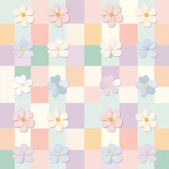 Pastel colored patchwork pattern with soft flower appliques on a checkered background
