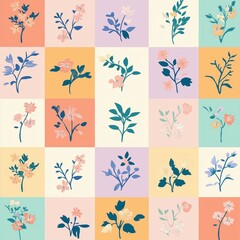 Floral patchwork pattern with colorful squares and delicate plant silhouettes on pastel background