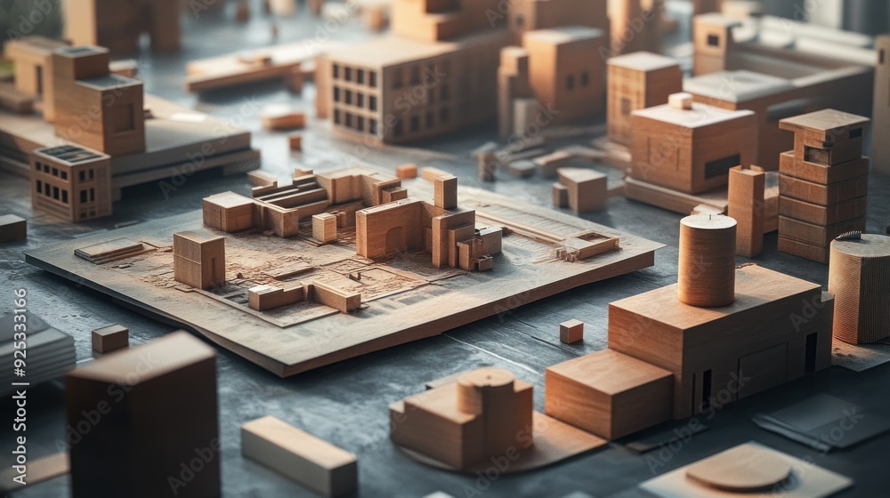 Poster wooden model of a modern cityscape with buildings and structures