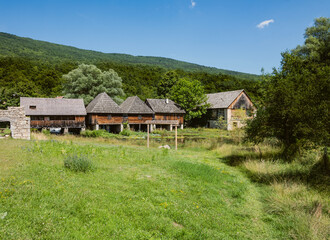 Majerovo Vrilo, beautiful wooden mill houses on the spring of Gacka river, Croatia, one of the last mills preserved in this mountain region