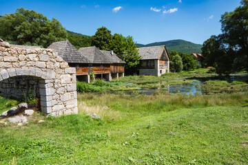 Majerovo Vrilo, beautiful wooden mill houses on the spring of Gacka river, Croatia, one of the last...