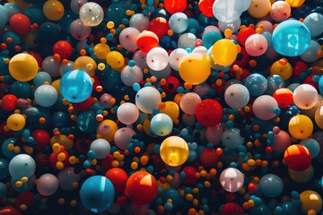 Vibrant cluster of helium filled balloons in a variety of colors.