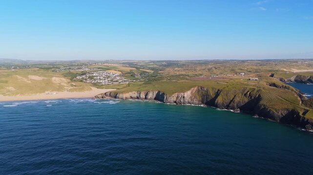 Aerial Drone View of Holywell bay and Gull Rock, Cornwall, England, Bird eye views on the Waves and Landscape