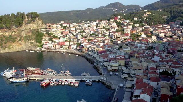 Parga Greece Aerial View of City Center and Marina, Preveza Greece Summer Vacation Destination, morning Light