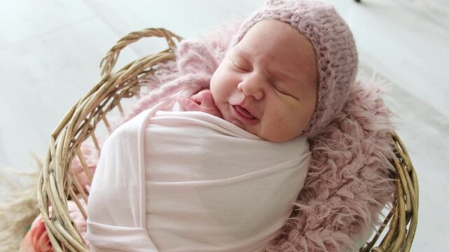 Cute Newborn Baby Wrapped In A Blanket Sleeping In A Basket