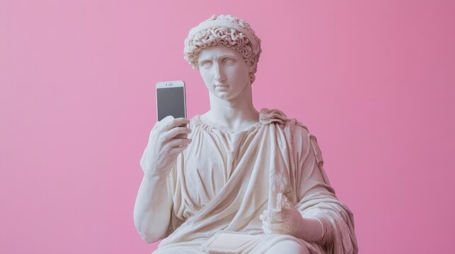 Antique greek sculpture with smartphone in hand on pink background.