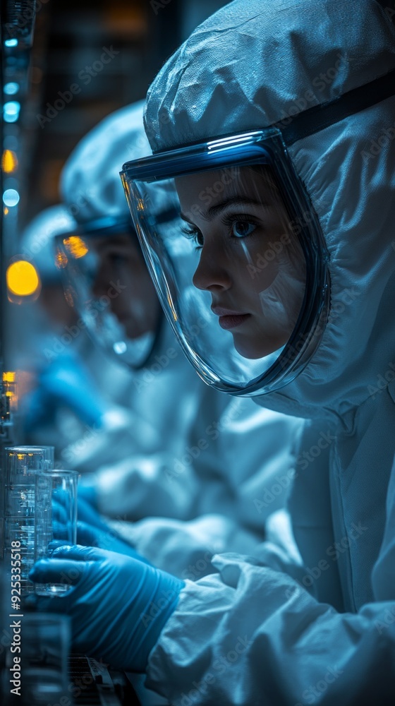 Poster focused scientists in protective suits engage in meticulous experiments, showcasing innovation and c