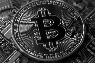 Fototapeta premium Close up of a Bitcoin coin on the motherboard of a computer.