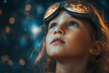 Young girl with goggles gazing at a starry sky during a night of exploration