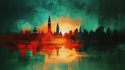 Fototapeta premium Compose a watercolor painting of the Canadian flag as the backdrop, with the silhouette of Ottawa’s architectural landmarks, including Parliament Hill and the Peace Tower,