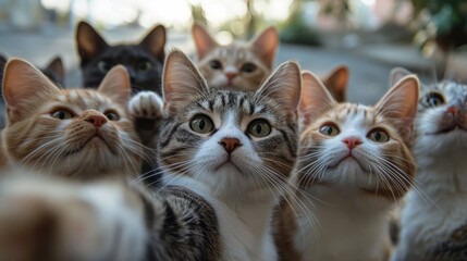 Cats taking a selfie on a blurred background. A group funny cats, Generative AI