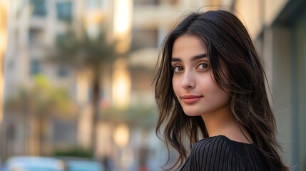 Fototapeta premium Portrait of a young woman with long hair, posing gracefully on a city street during dusk, capturing beauty and urban charm.