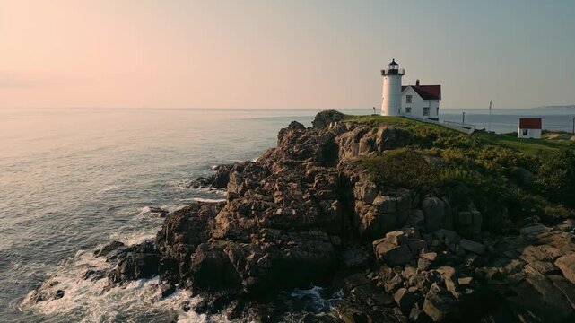 A close-up flyby of Nubble Lighthouse at York Beach, Maine, reveals intricate details of the historic structure against the rugged coastal backdrop.