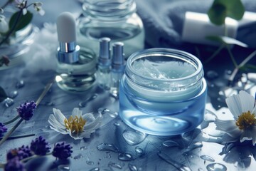 Cosmetic products on a droplet-covered surface, hinting at hydration benefits.