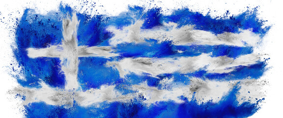 colorful flag of greece with white blue color holi paint powder explosion isolated white...