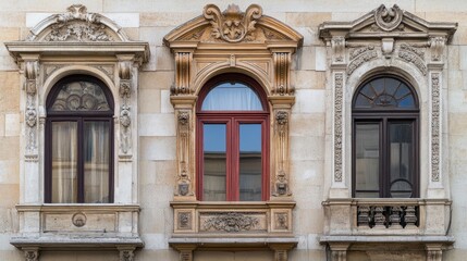Ornate Architectural Windows on a Stone Building Facade
