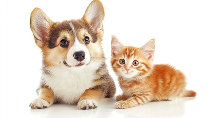 A cute brown and white puppy and an orange kitten sitting side-by-side on a white background, both looking at the camera.