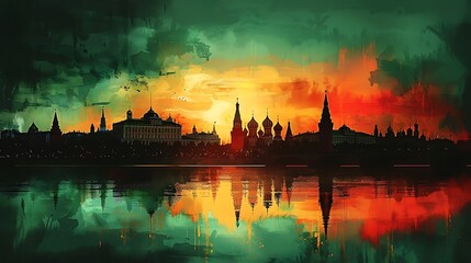 Naklejka premium Compose a watercolor painting of the Russian flag as the backdrop, with the silhouette of Moscow’s architectural wonders, including the Kremlin and St. Basil's Cathedral,
