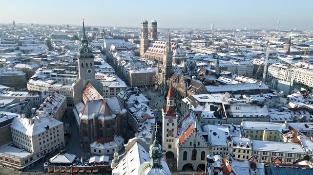 Drone Flight over Munich's Old-town in Winter, Marienplatz