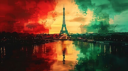 Craft a watercolor artwork featuring the French flag, with a silhouette of Paris dominated by the Eiffel Tower and the winding Seine River, set against a twilight sky, symbolizing the heart of France.