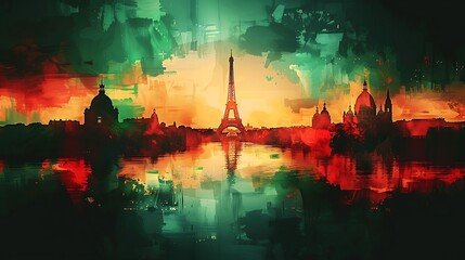 Craft a watercolor artwork featuring the French flag, with a silhouette of Paris dominated by the Eiffel Tower and the winding Seine River, set against a twilight sky, symbolizing the heart of France.