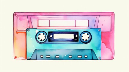 Audio cassette retro music watercolor image on white background. Neural network ai generated art