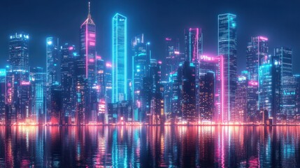 Futuristic financial district skyline, neon lights symbolizing business growth and innovation