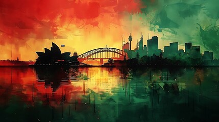 Craft a watercolor artwork of the Australian flag merged with the silhouette of Sydney, focusing on the iconic Sydney Opera House and Harbour Bridge, set against the backdrop of a peaceful dawn,