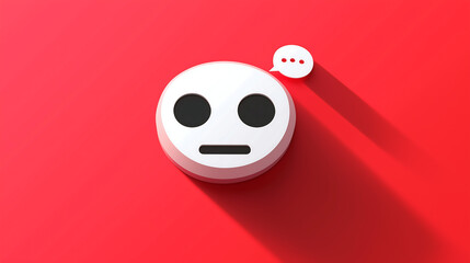 Vector illustration of a white, minimalistic emoji with black eyes and an empty speech bubble on a red background, with a long shadow