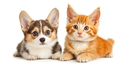 Obraz premium A cute corgi puppy and ginger kitten looking at the camera, lying down side-by-side on a white background.