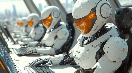 Fototapeta premium Robots working in a futuristic office - generative ai