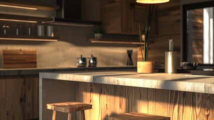 Detailed view of a trendy kitchen designed with natural materials