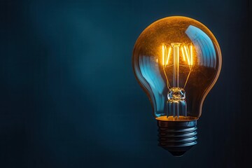 oversized glowing yellow light bulb on a vibrant blue background symbolizing innovation and creative thinking with ample copy space