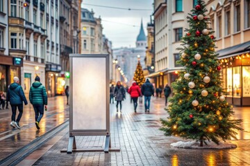 Obraz premium Blank billboard standing on a sidewalk next to a Christmas tree with people walking in a city