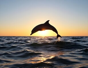 Fototapeta premium dolphin jumping out of the ocean at sunset, with the sun's rays reflecting off the water create with ai