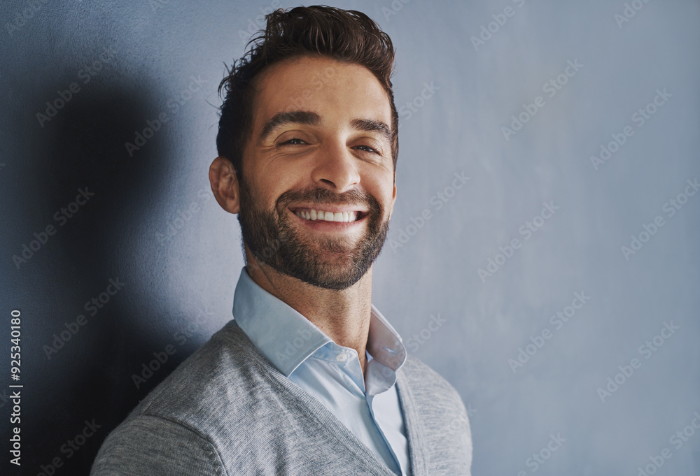 Sticker Studio, portrait and businessman with mockup for fashion, clothes and confidence for professional. Career, sales person and smile with pride for corporate, cool style and isolated background