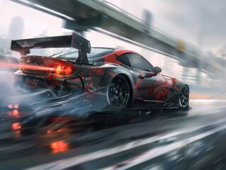 Obraz premium A red sports car drifts in a cloud of smoke during an autumn race at a track