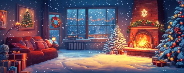 Adorable Christmas eve character cartoon. A collection of 2D Christmas images and characters. Santa Claus, snowman, house, and trees in a Christmas wallpaper.